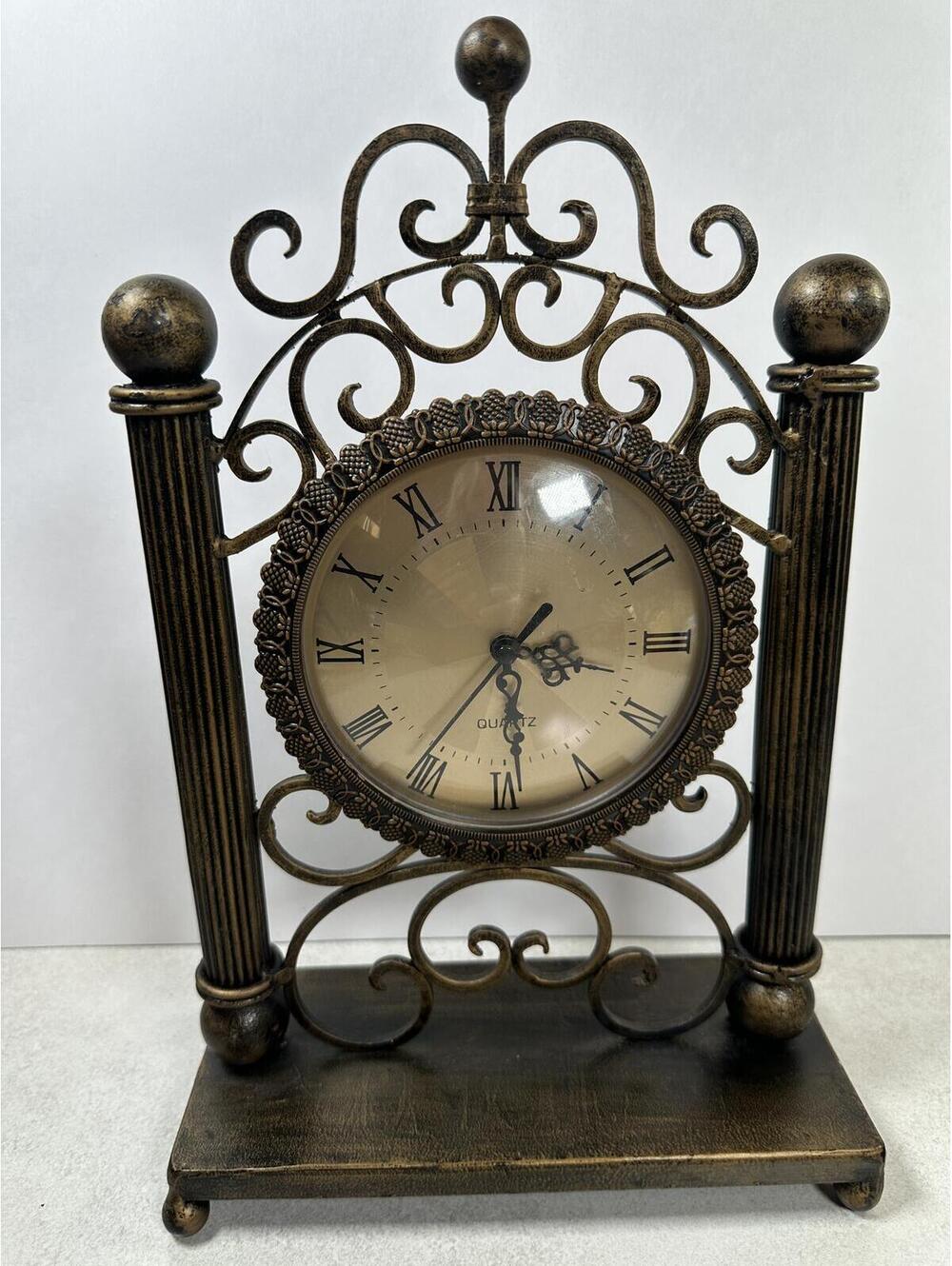 Bronze Tone Scrollwork Quartz Mantel Table Clock Tested Gothic Dark Academia